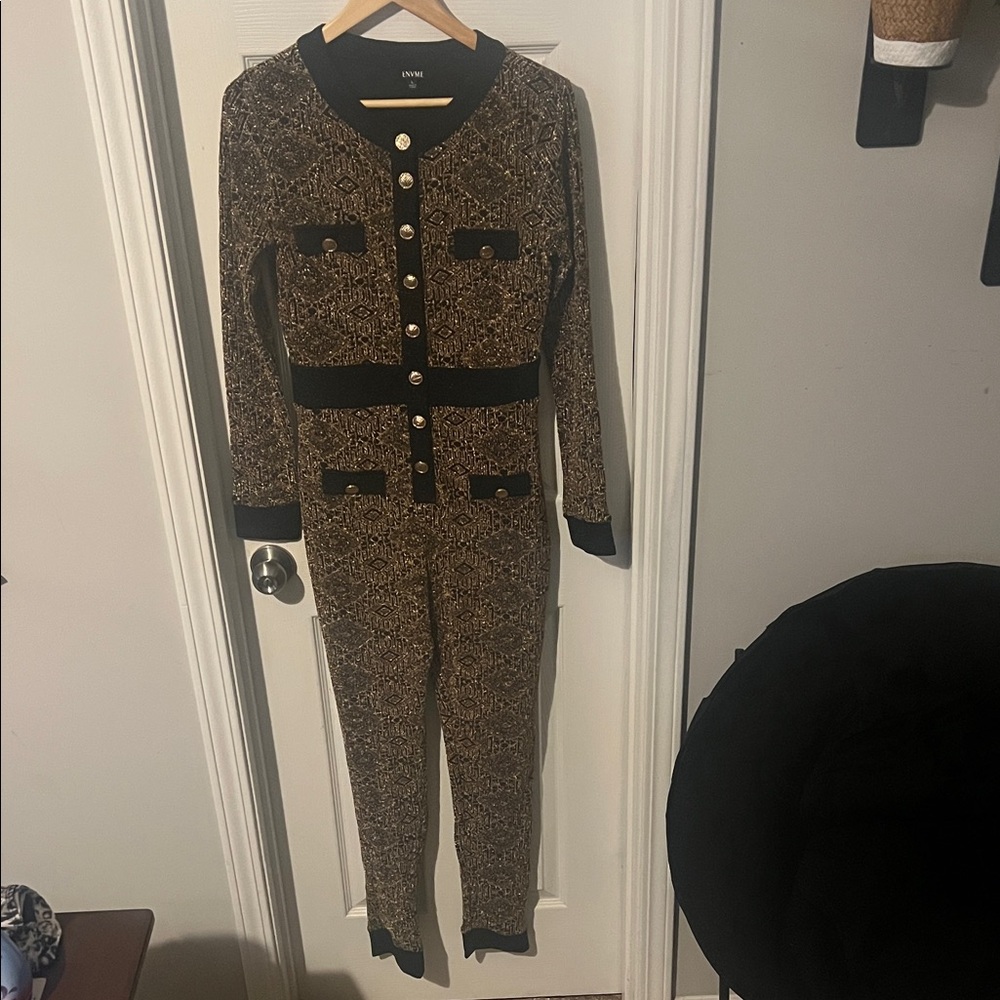 EUC Black and Gold Button- up Jumpsuit Size Large